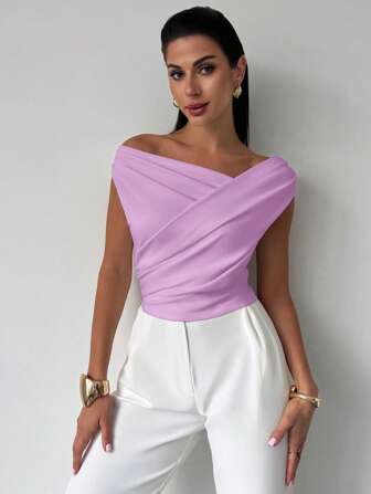 Firerie Eleganter minimalistischer stilvoller ärmellose asymmetrische gefaltete kurze Top, geeignet für den täglichen Gebrauch, den Arbeitsweg, Musikfestivals, Urlaub, Frühling/Sommer