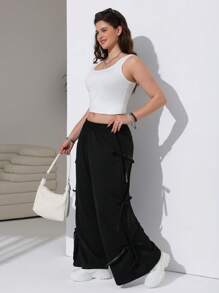 SHEIN EZwear Pantalón de chándal holgado de talla grande con lazo negro vintage