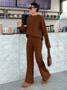 EURMUSE DROP SHOULDE LONG SLEEVE SWEATSHIRT & JOGGER PANTS SET - Brown - View 7