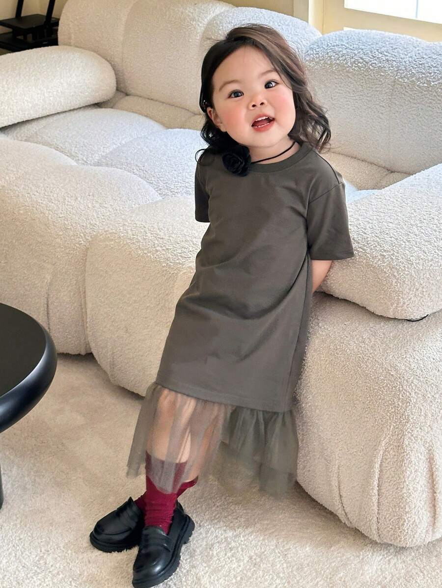 Dazy Kids Toddler Girls Casual Round Neck Mesh Patchwork Midi Dress - Grey - View 1