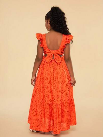 Travachic KIDS 女童纯色编织镂空后背荷叶边下摆休闲橙色连衣裙