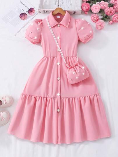 SHEIN Preteen Girls' Solid Color Collar Puff Sleeve Cardigan Summer Dress With Pouch Summer Holiday