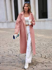 EURMUSE Ladies' Patchwork Tie Belted Woolen Coat - Baby Pink - View 4