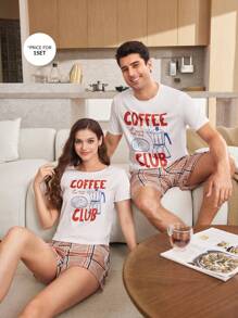 CoupledUp Casual Plaid & Coffee Letter Print Matching Pajama Set For Couples - White - View 5