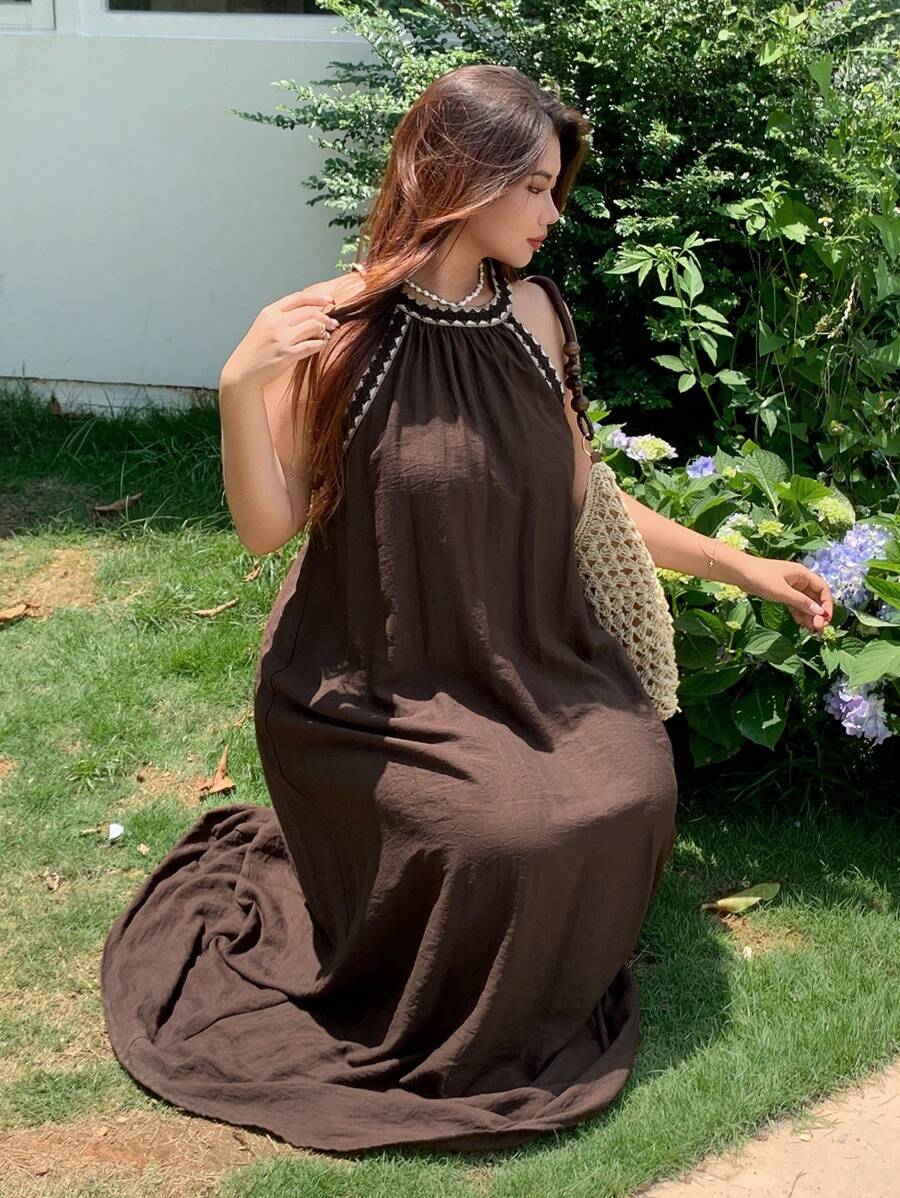 Dazy Plus Plus Size Solid Color Patchwork Floral Pattern Halter Neck Loose Long Chiffon Dress Linen,Casual Women Dresses - Rust Brown - View 1
