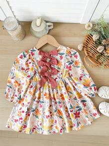 SHEIN Vestido casual de manga larga con estampado floral y ajuste holgado para bebé niña - Multicolor - Ver 4
