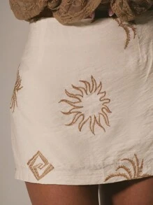 MUSERA 可爱印花迷你裙，性感火辣的夏季亚麻质感，沙滩刺绣裙。适合度假、假日、秋季派对等场合，尽显优雅气质。 - 白色 - 查看 5