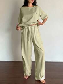 DAZY 2 件套女士字母印花柔软舒适家居服套装，返校服睡衣 - 軍綠色 - 查看 4