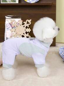 PETSIN Atuendo ligero y transpirable para mascotas con diseño de bloque de color con estampado de huellas de perro en color púrpura, para primavera/verano, con correa adjunta - Morado - Ver 4