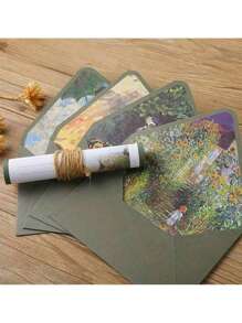 SHEIN 16 Green Set Of Oil Painting Envelopes Containing 6 Envelopes And 10 Pieces Of Writing Stationery For Making Invitations And Greeting Cards Gift Greeting Cards Writing Letters New Year's Gifts