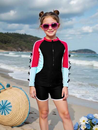 青少年女孩夏季 3D 蝴蝶结装饰撞色前开拉链泳衣套装