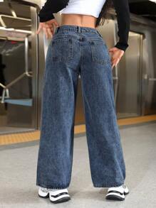 SHEIN PETITE 女式宽松口袋阔腿休闲百搭牛仔裤 - 藍色 - 查看 2