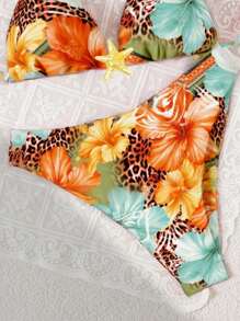 Swim Vcay 大码女式两件套数码印花系带比基尼泳装，度假休闲沙滩装 - 彩色 - 查看 5