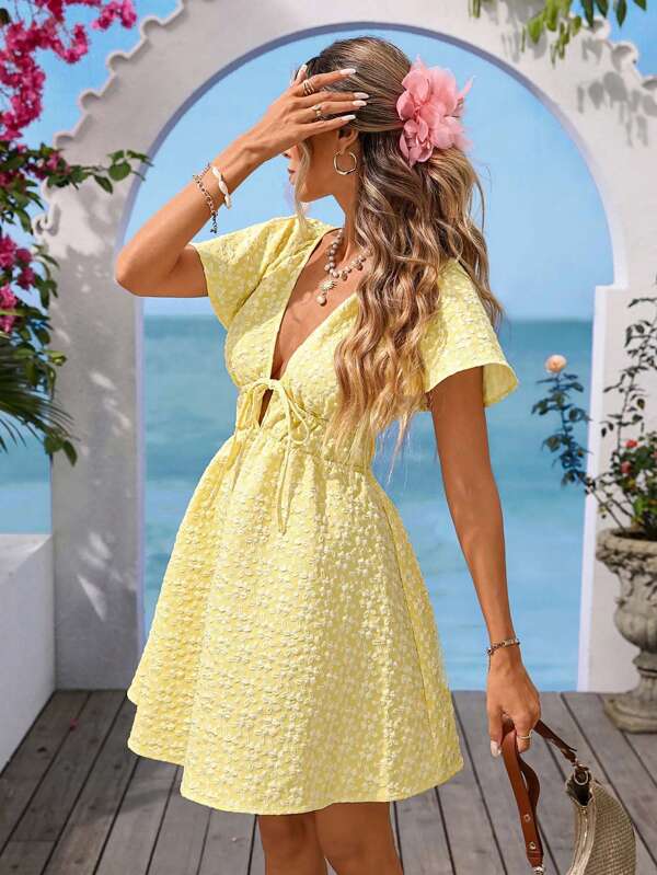 Vivid Eden Women's Solid Color Deep V-Neck Casual Short Sleeve Mini Dress, Summer,Yellow Jacquard  Mini Dress, Cute Ditsy Floral  Mini Dress, Woman S Summer Clothes. Women Summer Clothing, Butter Yellow,Jacquard Textured Pale Yellow, Women Short Dresses Summer,Vacation,Bohemian Clothes Vacation Dress