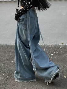 DAZY Women's Loose Fit Wide Leg Long Washed Frayed Hem Jeans - Medium Wash - View 2