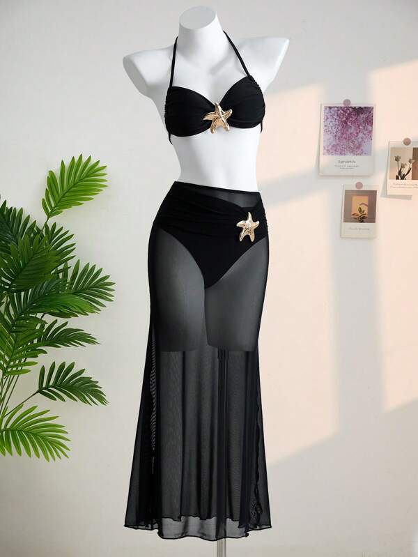 SHEIN 3 Stücke/Set Bikini für Teenager Mädchen mit blauen Seesterne Metallknöpfen, Strandmode Set, Strandurlaub