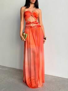 Aloruh Women's Extra Long Strapless Dress, Fashionable For Summer Party Orange Dresses For Women - Orange - View 4