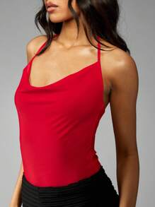 MISSGUIDED Slinky Halter Bodysuit Cowl Neck Backless Summer Club Party Dance Performance Sleeveless Form Fitting Festival Elegant Stretch Body Suit - Red - View 5