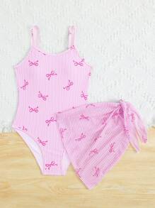 SHEIN Girls One-Piece Swimsuit With Butterfly Pattern And Fringe Hem, Black With Bow Accent - Red and White - View 6