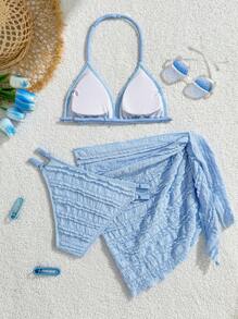 Tween Girls 2pcs Bikini Set, Blue Jacquard Triangle Top Adjustable Strap + Jacquard Triangle Bottom, Cute Swimwear - Multicolor - View 2