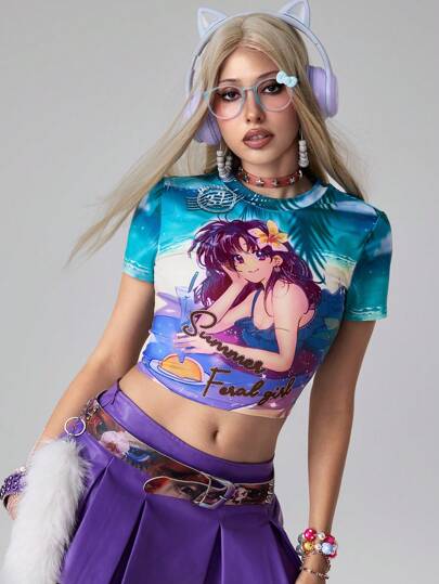 Damen Anime-Charakter Aufdruck mit Strass Figurbetontes T-Shirt