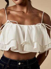 MISSGUIDED Áo ba lỗ xếp nếp nhiều lớp phong cách lễ hội mùa hè Boho buộc vai Áo crop top dây đeo có thể điều chỉnh nhiều lớp tiệc bãi biển - trắng - Xem 4
