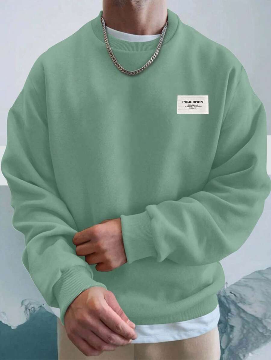 EURMUSE 100%Cotton Men Letter Graphic Drop Shoulder Sweatshirt - Green - View 1