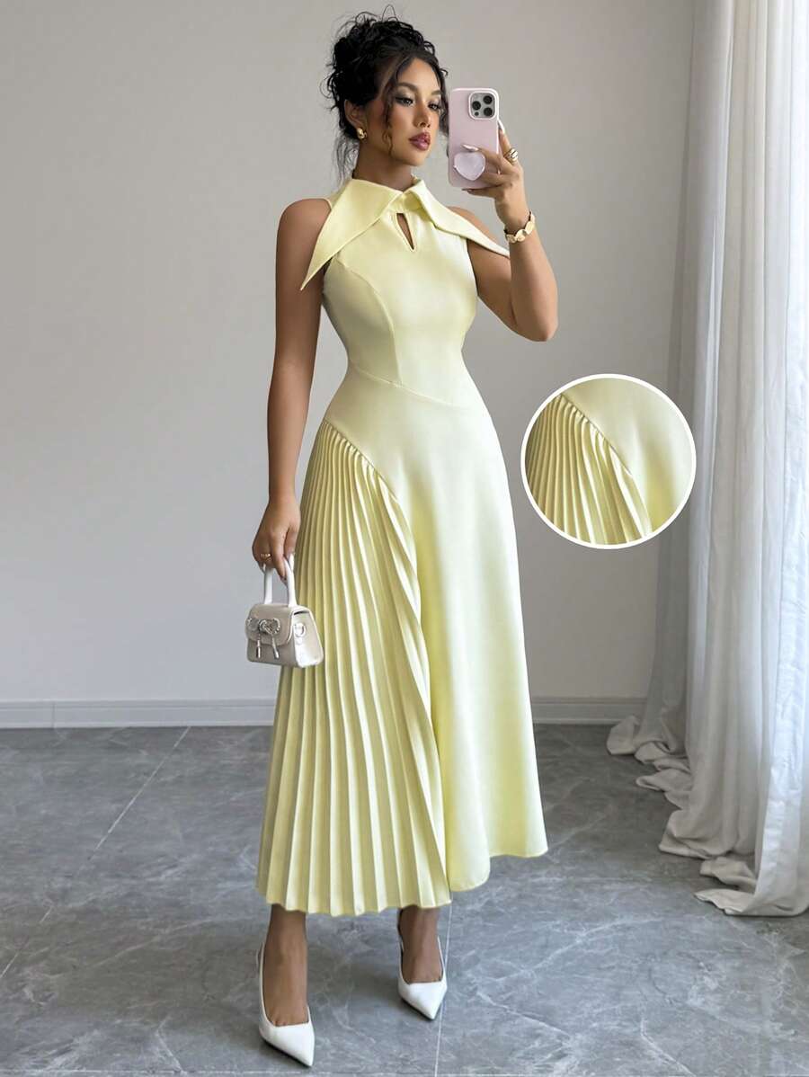 Modelyn Vintage Square Neck Sleeveless Stylish French Style Dress - Light Yellow - View 1