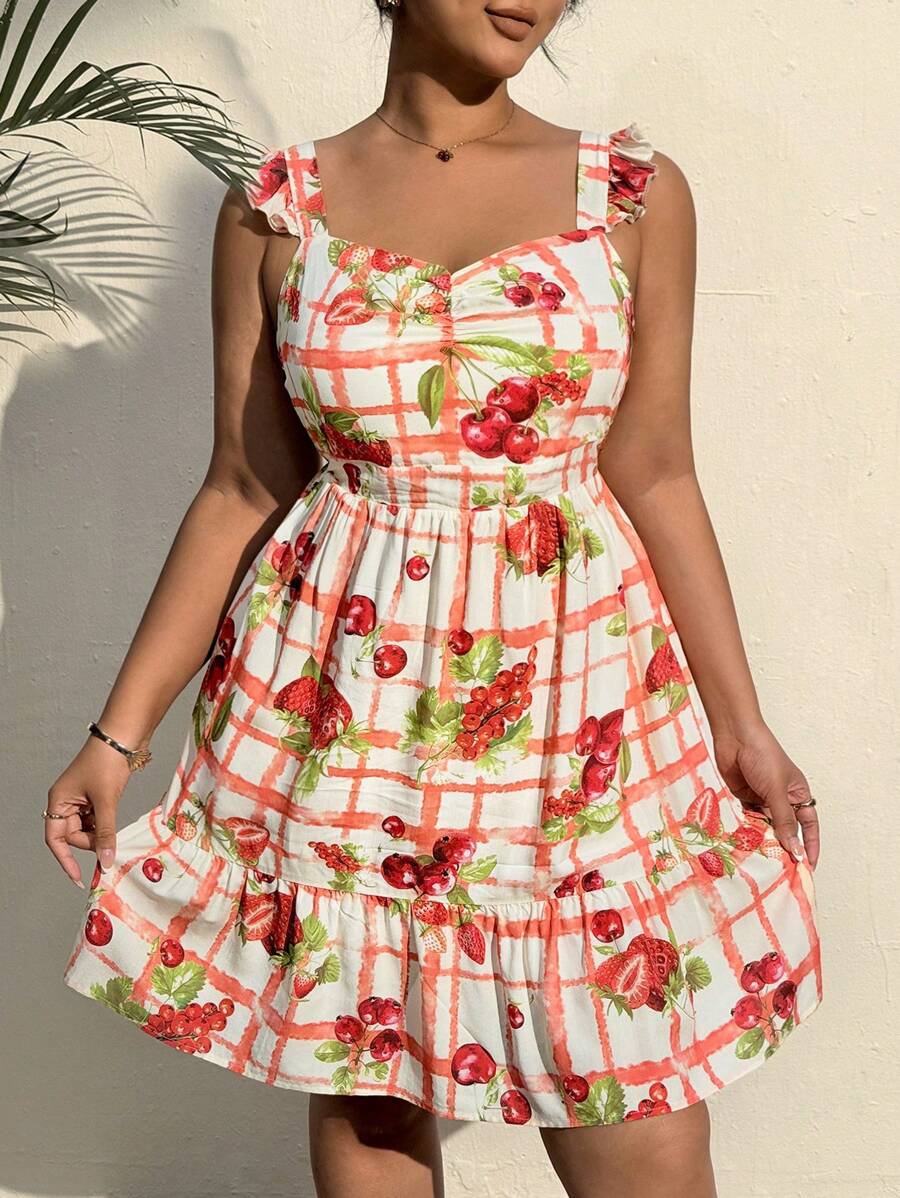 SHEIN EZwear Plus Size Strawberry Plaid Summer Vacation Casual Dress Women Short Dresses Summer Women Summer Clothing - White - View 1