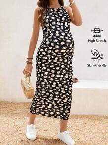 SHEIN Full Print Chrysanthemum Tight-Fitting Long Maternity Dress Vacation Outfits Summer - Apricot - View 1