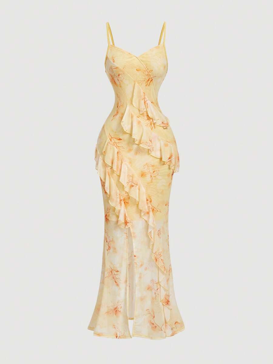 SHEIN MOD V 领荷叶边下摆高开衩扎染印花超长吊带裙，黄色 - 黃色 - 查看 1