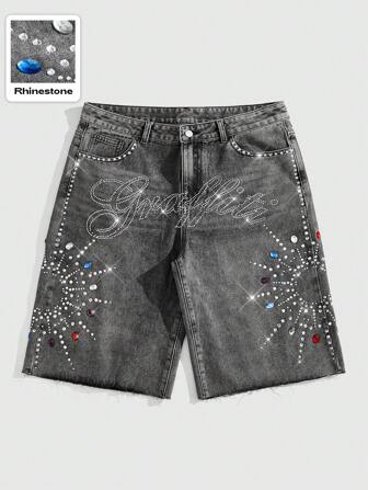Street Life Herren Locker sitzende Jeans-Shorts mit funkelnden Buchstaben- und Diamant-Dekor