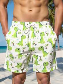 Manfinity Swimmode Pantalones cortos de playa con estampado de dinosaurio para hombres, estilo de vacaciones y playa