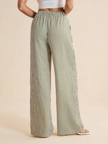 SHEIN Tall Women Tie Waist Striped Wide Leg Loose Casual Pants,Cargo Pants - Green - View 2