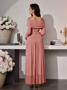 Modelyn Gaun Maxi Panjang Wanita Model Off Shoulder, Romantis, Elegan, Berlipit, Berbentuk Lonceng, Modis, Musim Semi/Panas - Dusty Pink - View 2