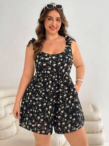 Solflare 大码女式碎花印花系带蝴蝶结连体裤，夏季假日风格 - 黑色 - 查看 6