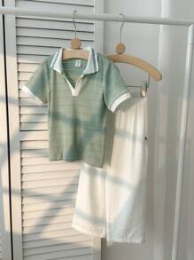 2pcs Set Young Boys Mint Green Textured Soft Fabric High Stretch Contrast Polo Collar Pullover Top And White Casual Pants, Versatile For School, Travel, Vacation, All-Match Matching