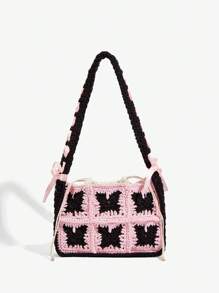 SHEIN ICON 女士、女式单肩包、流浪包、钩针包、黑粉色、蕾丝、蝴蝶结、时尚、个性化、简约、百搭、街头、甜美酷炫女孩、辣妹、Y2K、复古、铆钉、复古、青少年、海滩、度假、节日、夏季、海边、约会、日常、购物、下午茶 - 彩色 - 查看 1