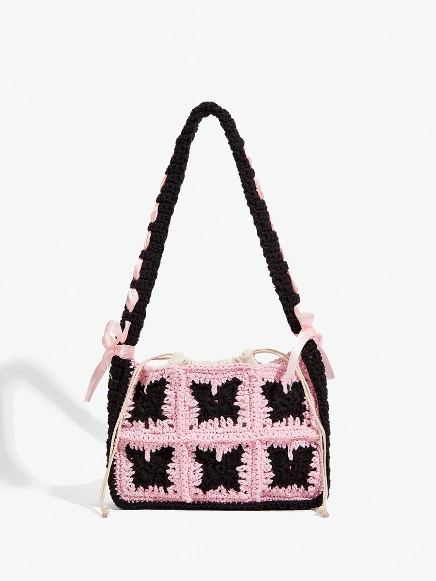 SHEIN ICON 女士、女式单肩包、流浪包、钩针包、黑粉色、蕾丝、蝴蝶结、时尚、个性化、简约、百搭、街头、甜美酷炫女孩、辣妹、Y2K、复古、铆钉、复古、青少年、海滩、度假、节日、夏季、海边、约会、日常、购物、下午茶 - 彩色 - 查看 1
