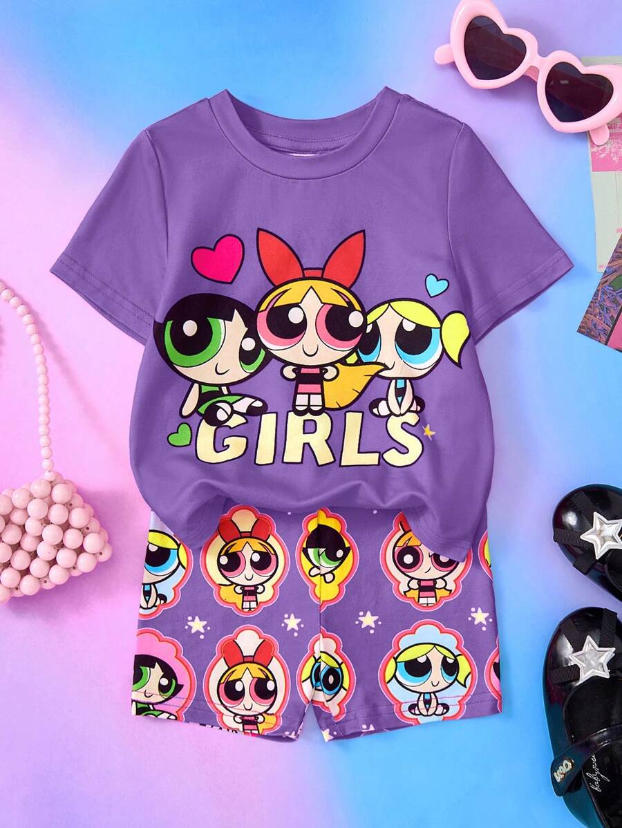THE POWERPUFF GIRLS X SHEIN 2 件套女婴花朵、泡泡、毛茛图案 T 恤和短裤套装，春夏 - 紫色 - 查看 1