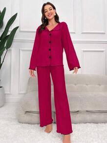 طقم بيجامة طويل مصنوع من الأكريليك بلون وردي فاتح مع طوق وتشطيب متباين للنساء، طقم بيجامة مصنوع من الأكريليك، ملابس خريفية