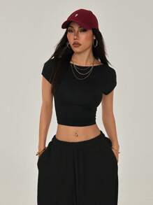 SHEIN PETITE Tricou negru cu spate deschis, potrivit pentru ținute mici, de vară