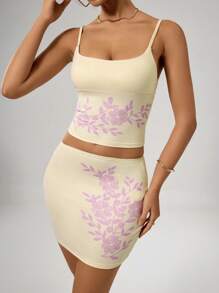 SHEIN SXY 2pcs/Set Women Floral Print Crop Camisole Top And Form-Fitting Mini Skirt Sexy Butter Yellow Set, Club Outfit