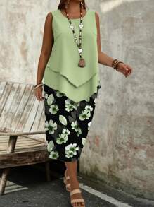 EMERY ROSE 2pcs Plus Size Set: Casual Solid Beige Green Top And Minimalist Floral Pattern Pants, Suitable For SummerSummer Outfits For Women Suitable For Going Out Fall Clothes - Multicolor - View 6