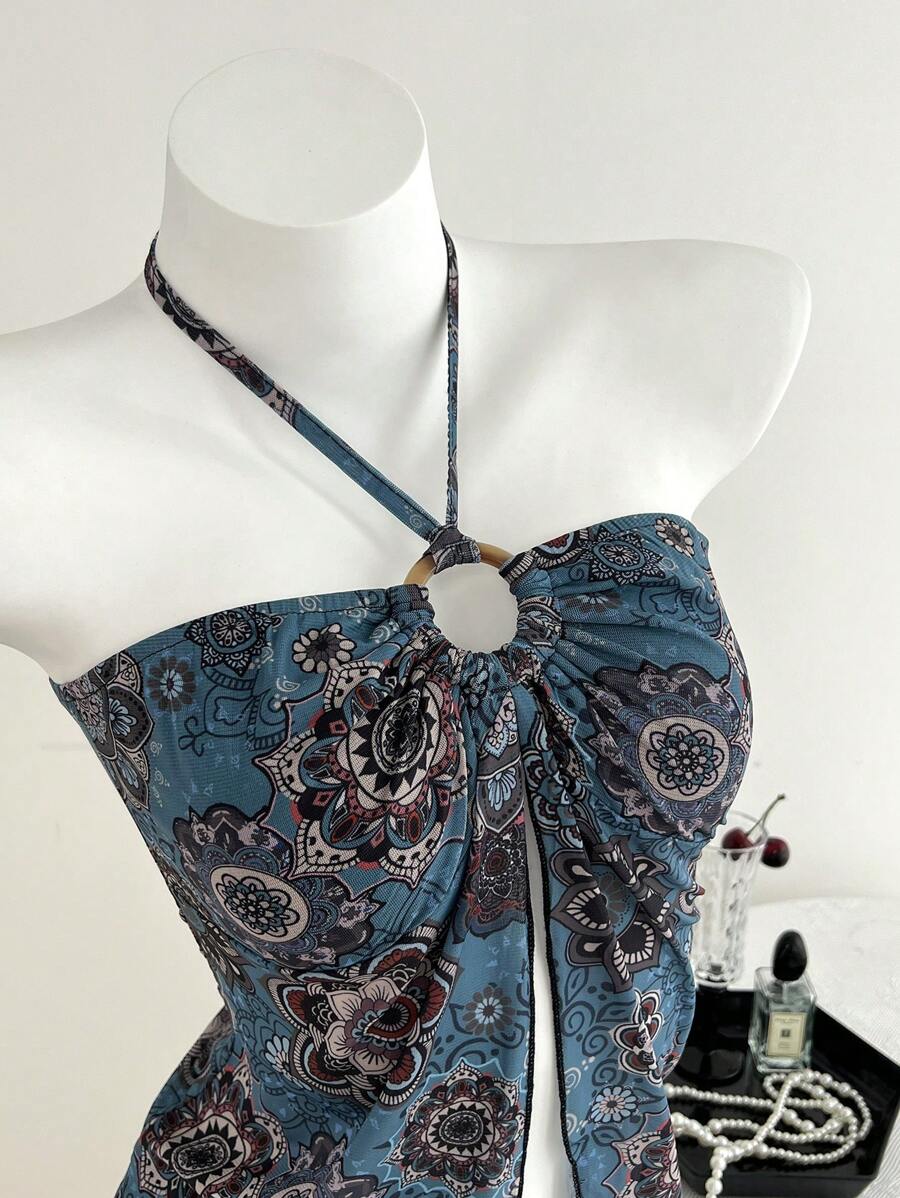Elamini Maiou de damă cu imprimeu floral albastru vintage, cu guler halter, stil vacanță de primăvară/vară - Multicolor - Vizualizare 1