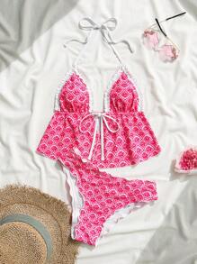 Swim Mod 2pcs Women's Floral Print Spaghetti Strap V-Neck Ruffled Hem Bikini Swimsuit, Summer - Multicolor - View 5