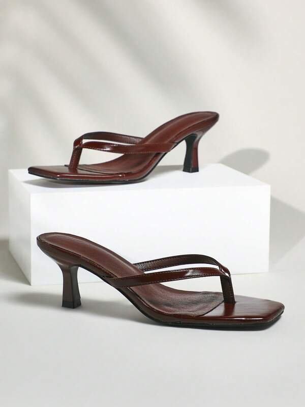 SHUZIA #CleanGirlAesthetic Kitten Heel Square Toe Slip-Ons Glossy PU Coffee Thong Strap Sandals -Sophisticated Comfort For Brunch To Evening