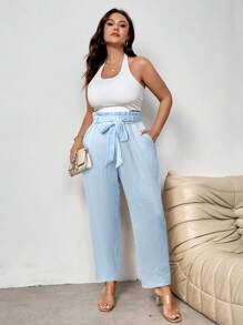 Firerie 加大码优雅通勤褶边收腰松紧腰口袋设计锥形裤