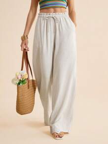 SHEIN Tall 女士纯色亚麻抽绳腰复古款长裤，通勤装，女士日常沙滩装夏装度假亚麻裤女士亚麻长裤，亚麻裤 - 杏色 - 查看 8