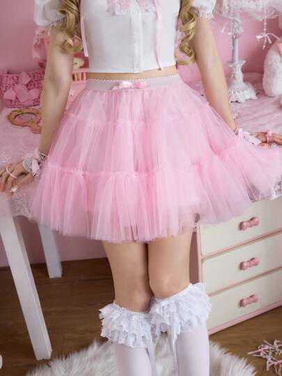 Kawaii Falda elegante de línea A con panel de malla y decoración de lazo en unicolor para mujer